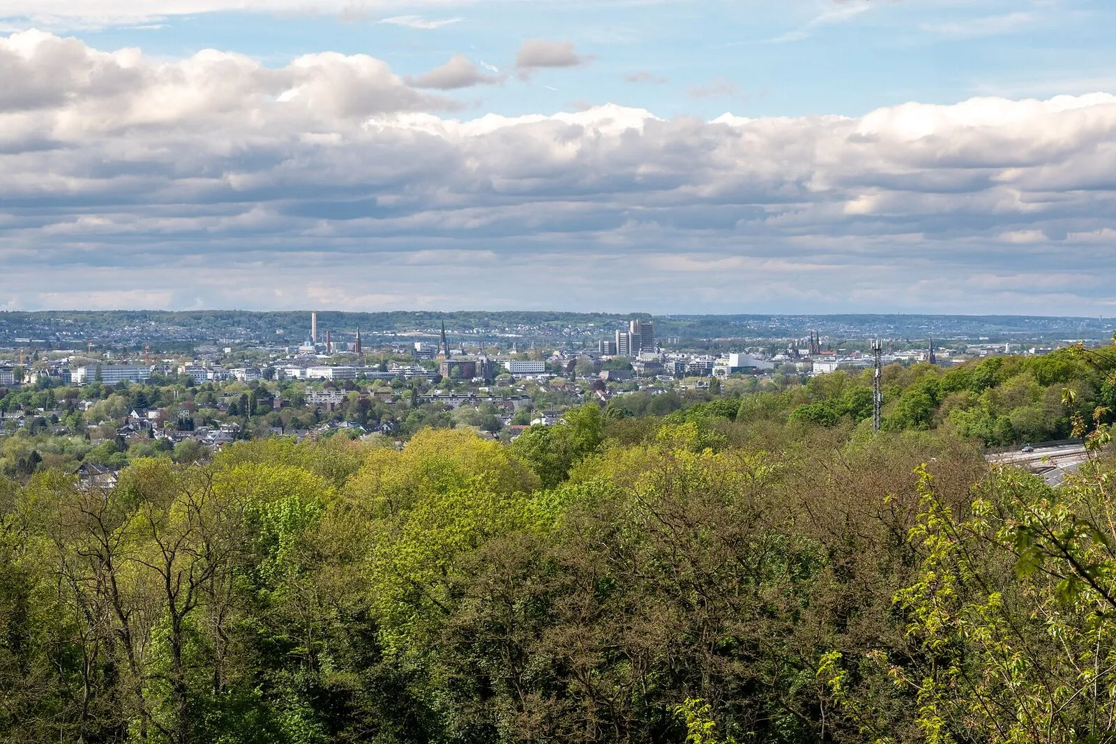Blick vom Dornheckensee über Bonn mit Stadthaus, Kirchtürmen und Innenstadt.