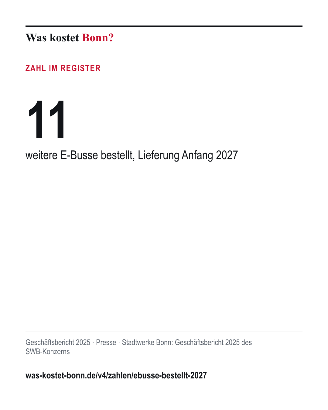 11: weitere E-Busse bestellt, Lieferung Anfang 2027. Geschäftsbericht 2025, Presse, Quelle Stadtwerke Bonn.