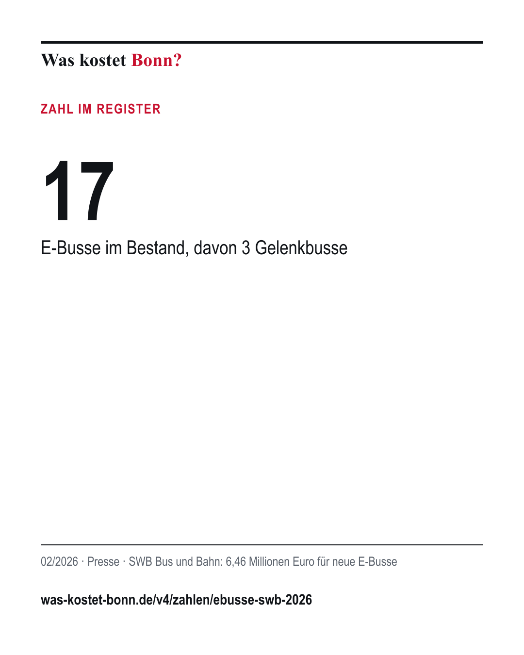 17: E-Busse im Bestand, davon 3 Gelenkbusse. 02/2026, Presse, Quelle SWB Bus und Bahn.