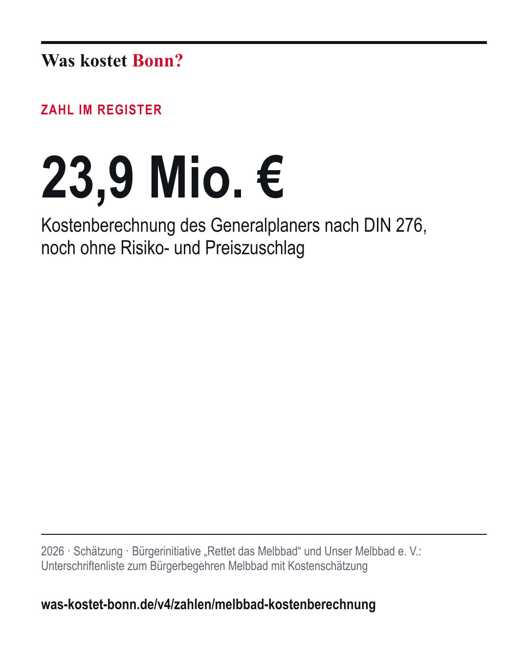23,9 Mio. €: Kostenberechnung des Generalplaners nach DIN 276, noch ohne Risiko- und Preiszuschlag. 2026, Schätzung, Quelle Bürgerinitiative „Rettet das Melbbad“ und Unser Melbbad e. V..