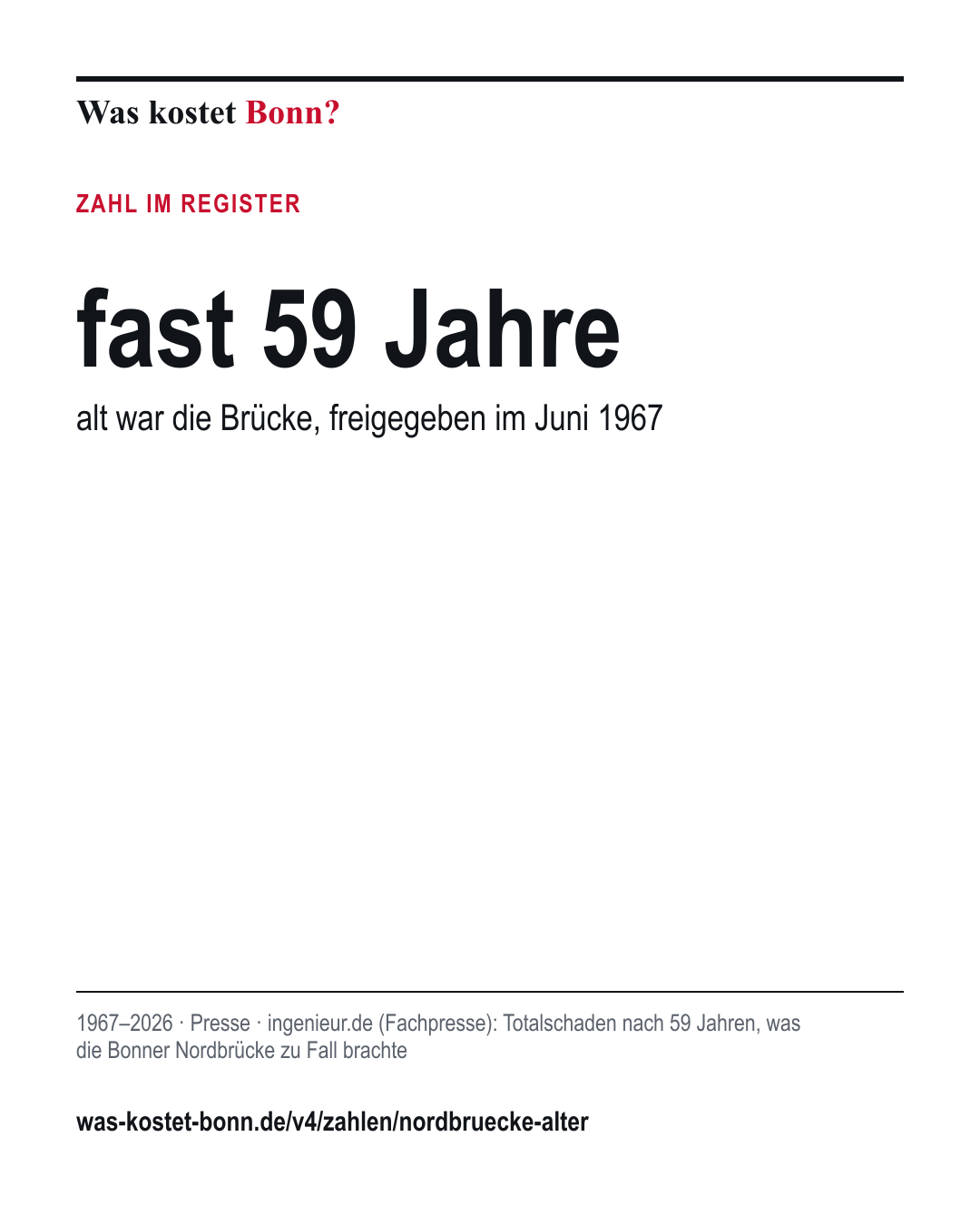 fast 59 Jahre: alt war die Brücke, freigegeben im Juni 1967. 1967–2026, Presse, Quelle ingenieur.de (Fachpresse).