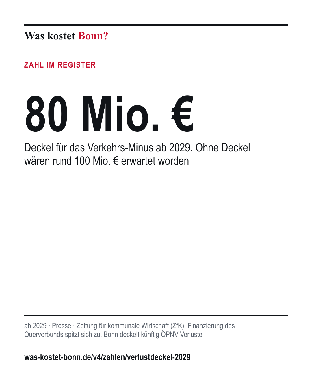 80 Mio. €: Deckel für das Verkehrs-Minus ab 2029. Ohne Deckel wären rund 100 Mio. € erwartet worden. ab 2029, Presse, Quelle Zeitung für kommunale Wirtschaft (ZfK).